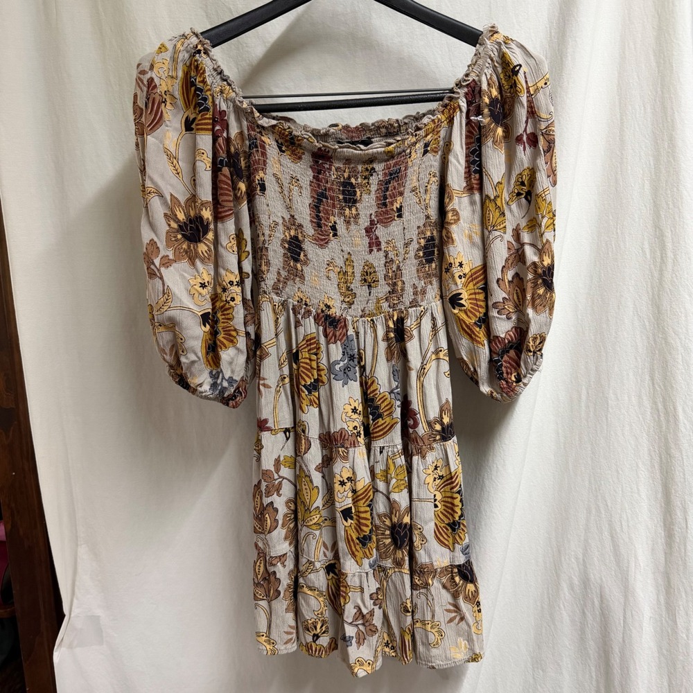 Angie Floral Smocked Boho Babydoll Top Puff Sleeve Tiered Rayon Small